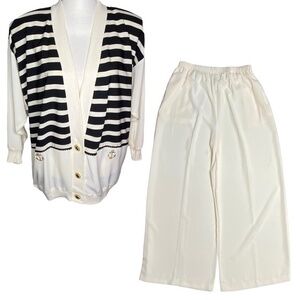 Vintage 80s Amy Jess Cardigan and Pants Set Cream and Black Sheer Nautical